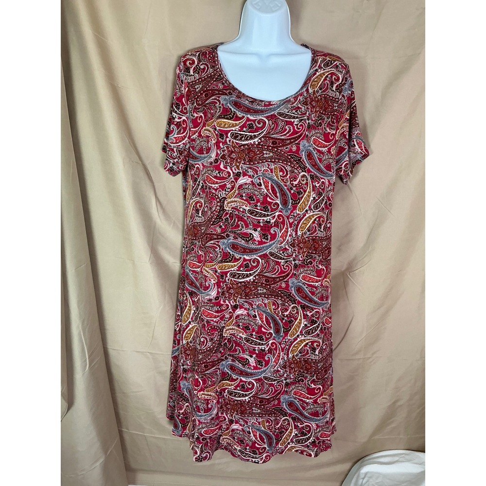POPYOUNG T-Shirt Dress Womens 2XL Red Paisley Excellent‎ Short Sleeve Scoop Neck